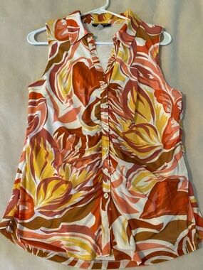 Cable & Gauge Sleeveless Floral Blouse in Orange, Yellow and Brown